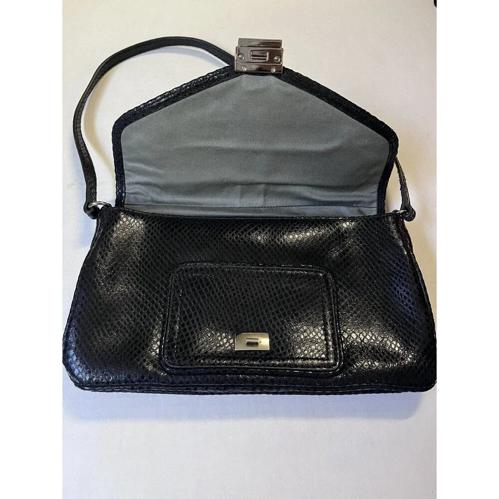Calvin Klein Vintage Black Leather SnakeSkin Flap Shoulder HandBag with Mirror
